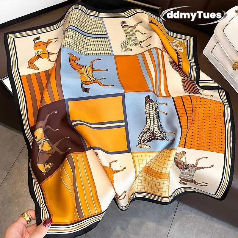 2023 Design Fashion Square Silk Scarf Womens Navy Blue and Printed Small Satin Shls Fountain Collar Headband Bandana W250118 TUES