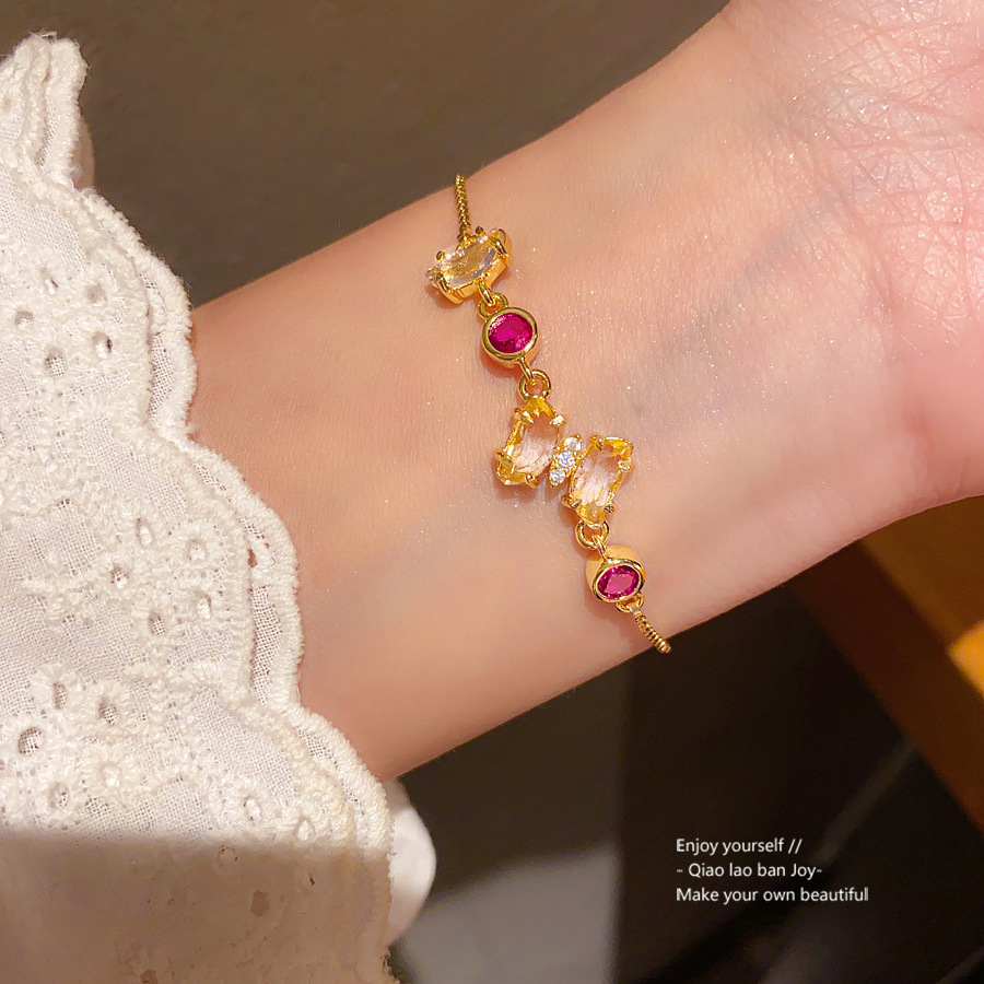 Gold - Toned Bracelet With Magenta Round Crystals, Clear Accent Stones Delicate Daily & Elegant Jewelry Gift For Her High - Quality And Colorful Acces