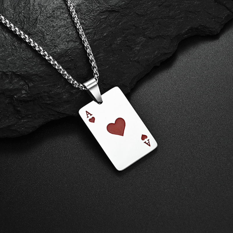Lucky Spade Necklace Pendant, Hip-Hop Style Heart Ace of Spades Playing Card Cool Clubbing Pendant, Titanium Steel