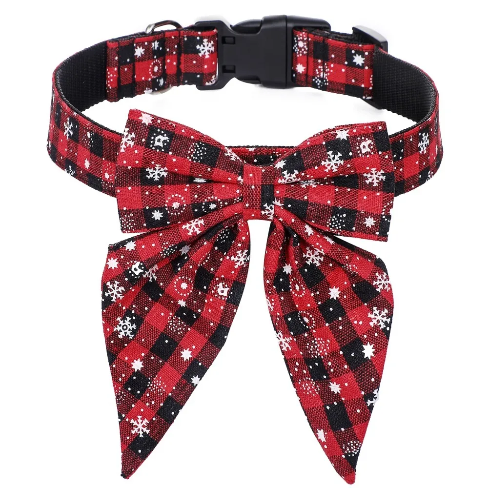 Christmas Dog Collar with Bow Adjustable Cotton Red Green Plaid Bowtie Dog Christmas Collars for Small Medium Large Dog