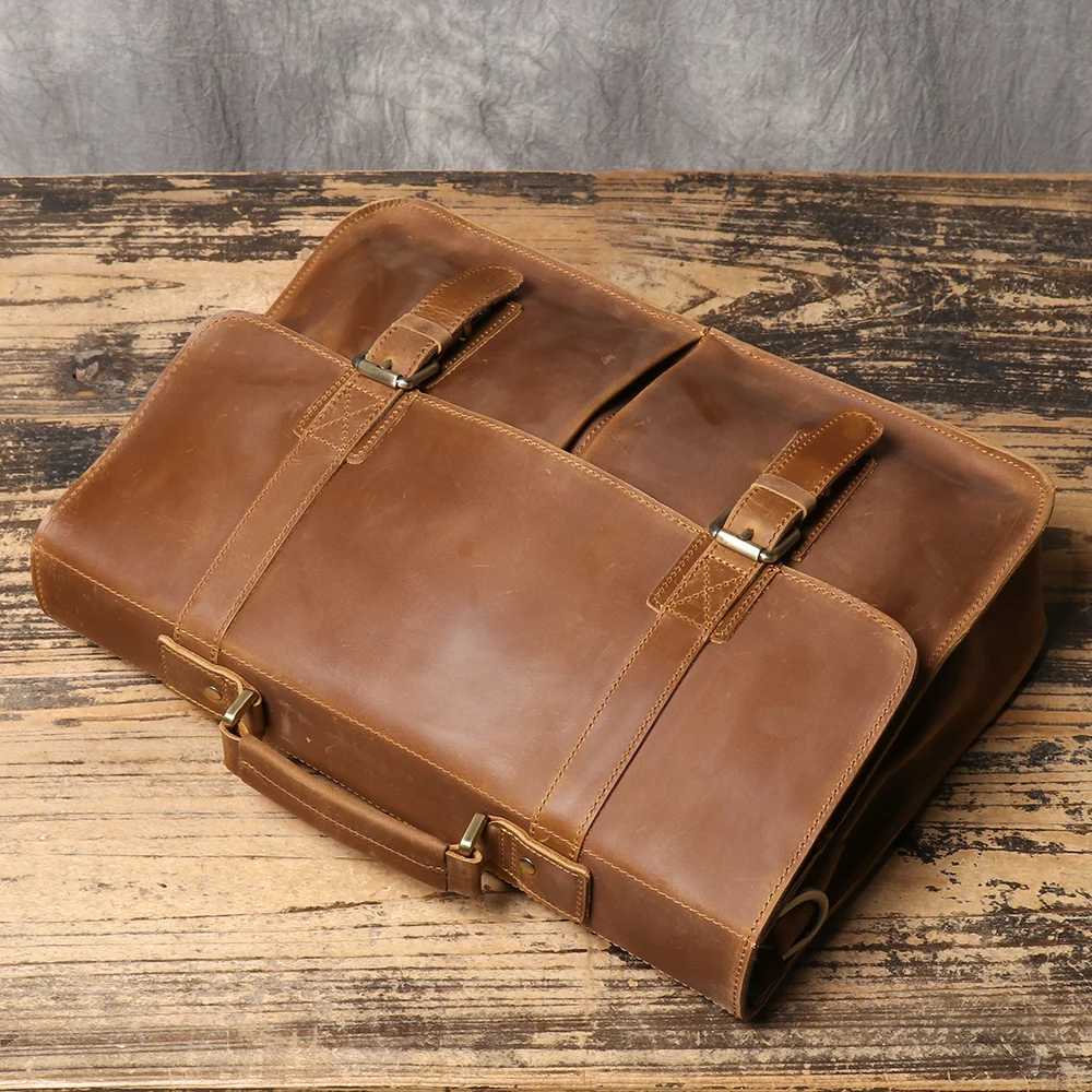 Briefcase Crazy Horse Leather Mens Cowhide Shoulder Crossbody Bag Large Capacity Genuine Leather Laptop Bag Z250906