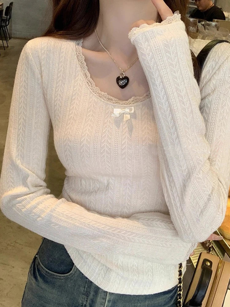 Bow Cute Knitted Pullover Sweater For Women Autumn Winter Fashion Lace Patchwork O Neck Long Sleeve Slim Cropped Tops 250911