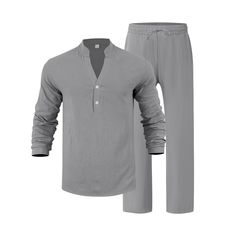 Men's Linen Lounge Set Relaxed Fit Breathable V-Neck Henley Shirt and Trousers Long Sleeve Autumn Comfort Outfit EU Size: S-3XL