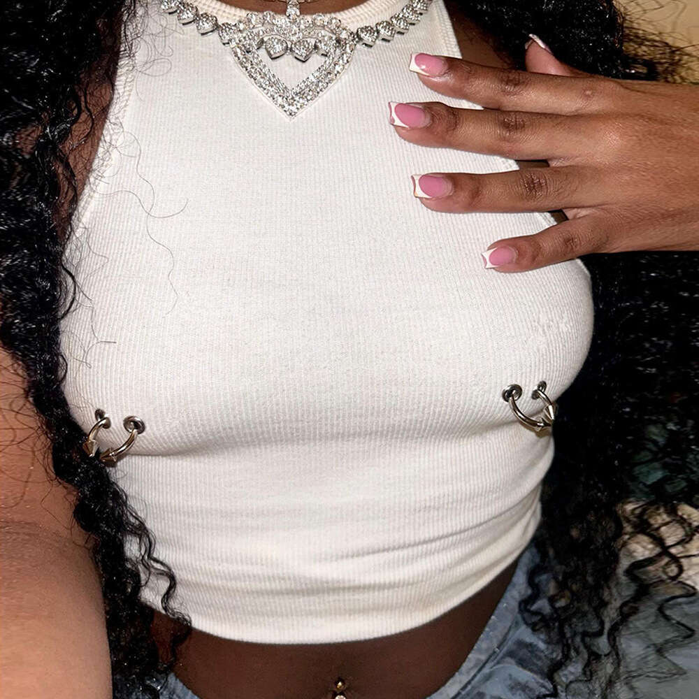 Women's Summer New Solid Color Metal Decoration Sexy Round Neck Designer Shoe Crop Top Vest for Women