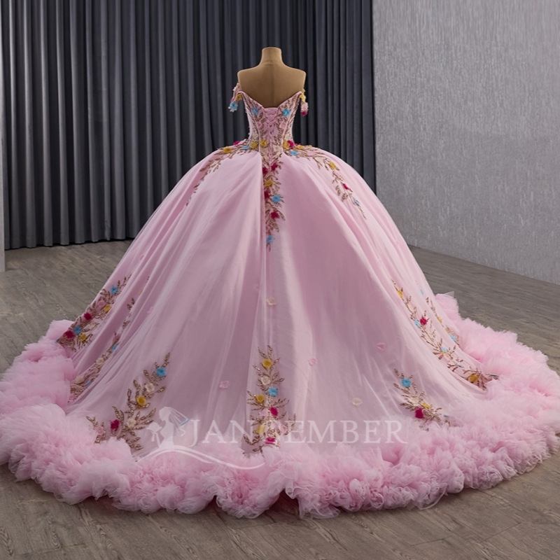 Pink Shiny Ball Gown Quinceanera Dresses Off The Shoulder Sequin Applique Flower Beads Tiered Tull Party Birthday Sweet 16 Dress Vestidos 15 De Anos