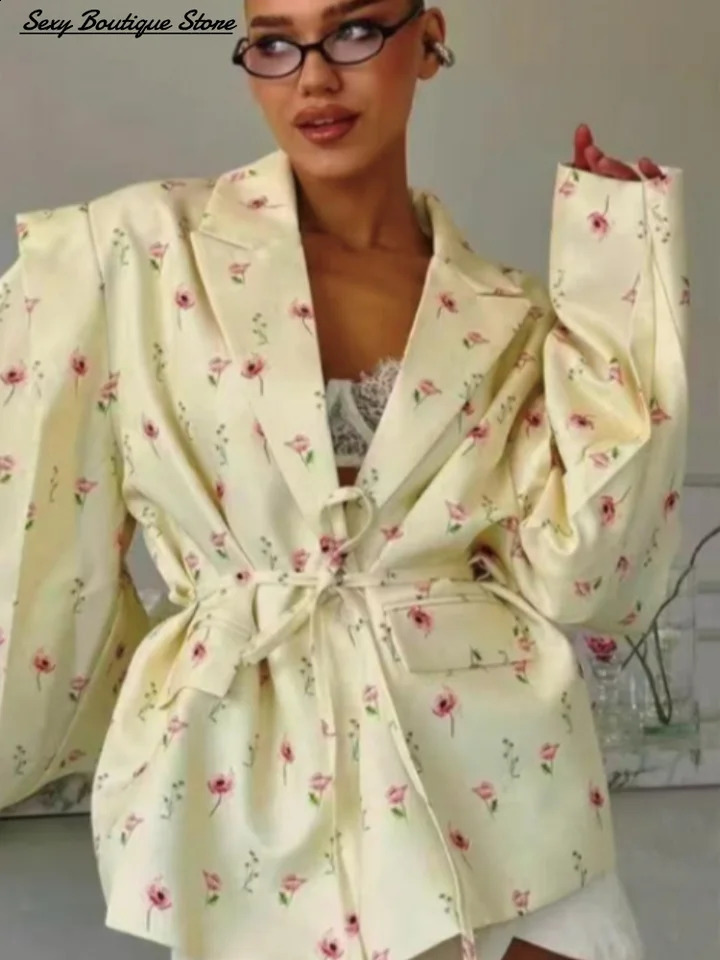 Chic Oversize Floral Printed Women Jacket Padded Lapel Lace Up Loose Coat Long Sleeve High Waist Outwears Lady Streetwear 250911