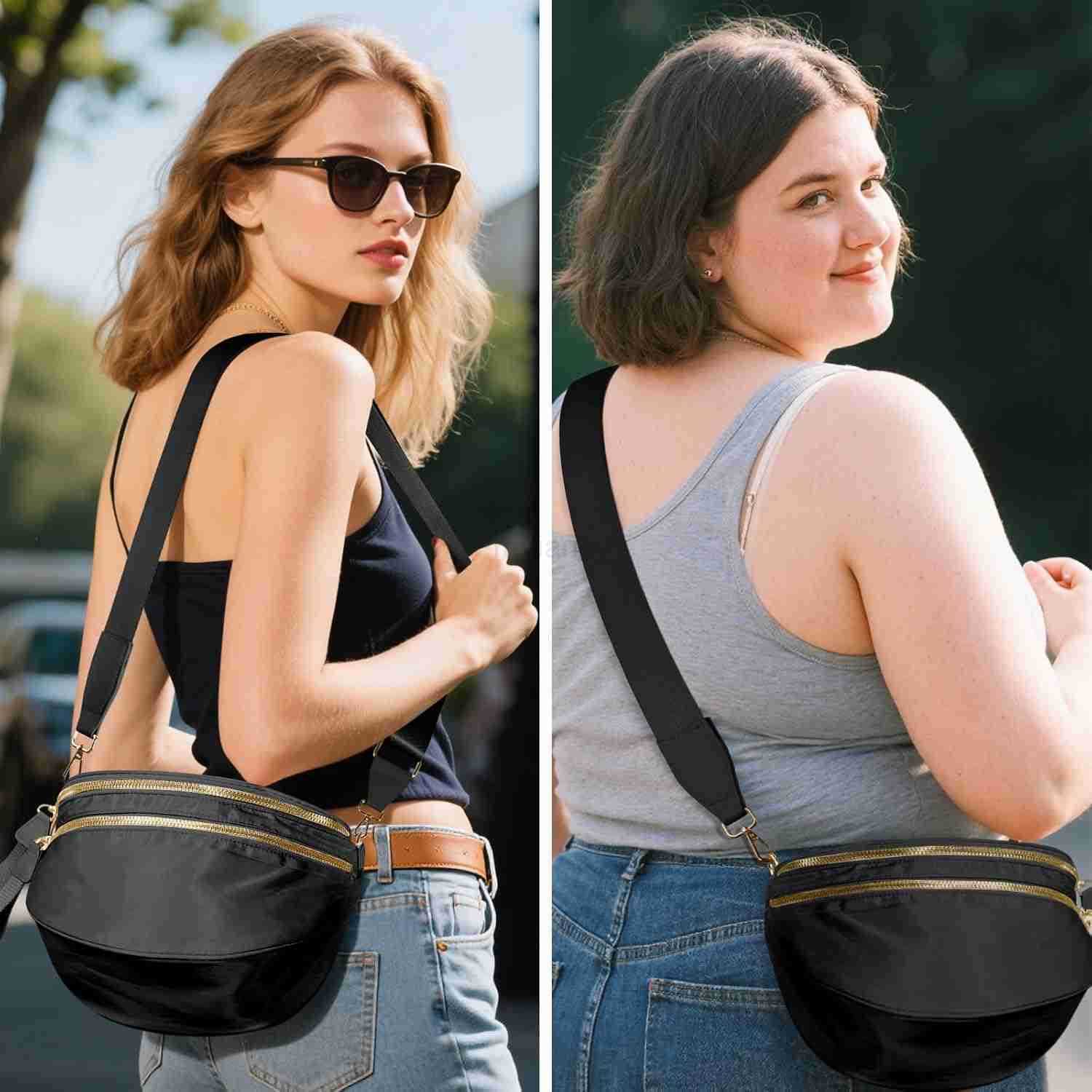 Crossbody Bags for Women Large Nylon Bum Bags Plus Size Fanny Pack Sling Bag Belt Bag for Women Travel Pure BlackW250911