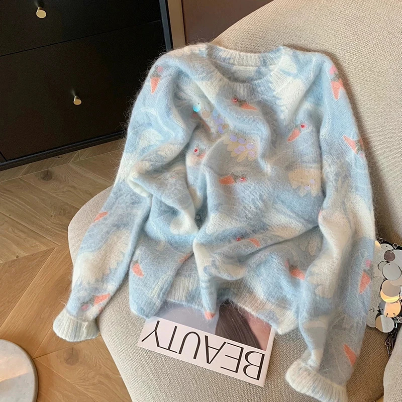 Blue Sequined Beaded Mohair Womens Autumn and Winter Gentle Lazy Wind Soft Waxy Tiedyed Knitted Sweater 250911