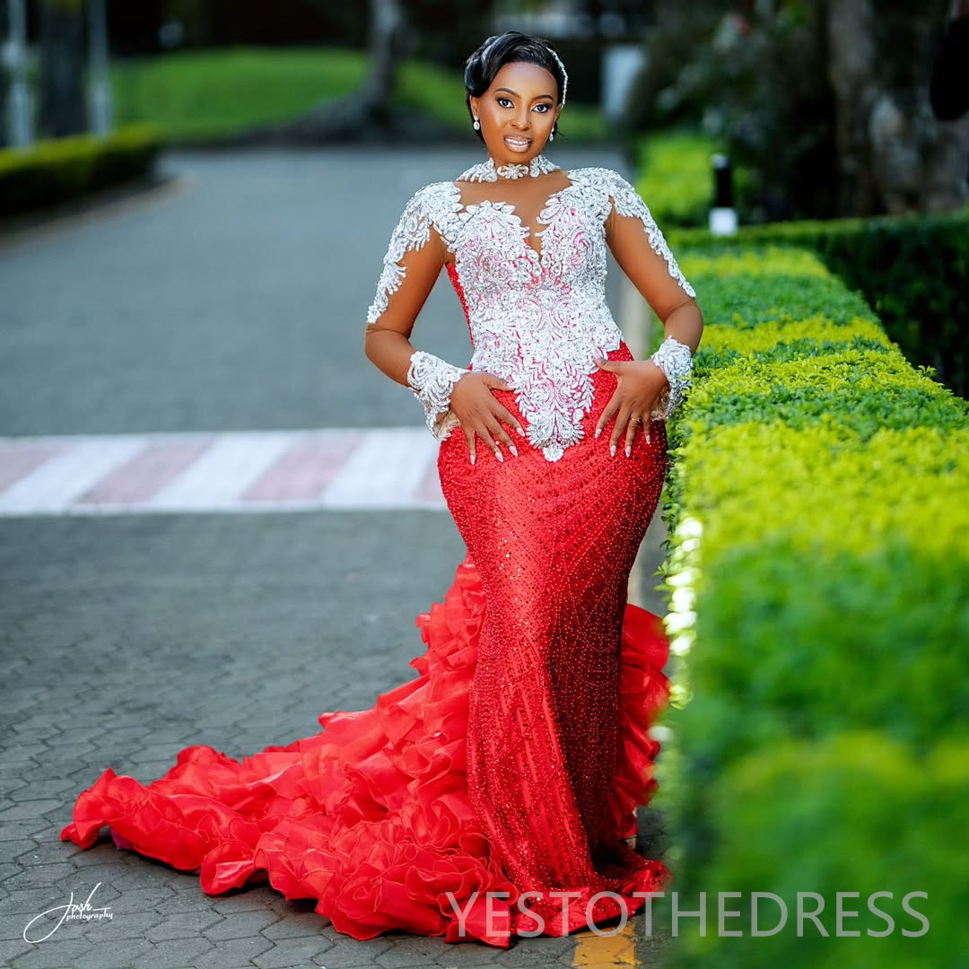 2025 Plus Size Red Prom Dresses For Black Women Mermaid Evening Dresses Formal Gowns High Neck Long Sleeves Beaded Lace Birthday Dress Second Receptio
