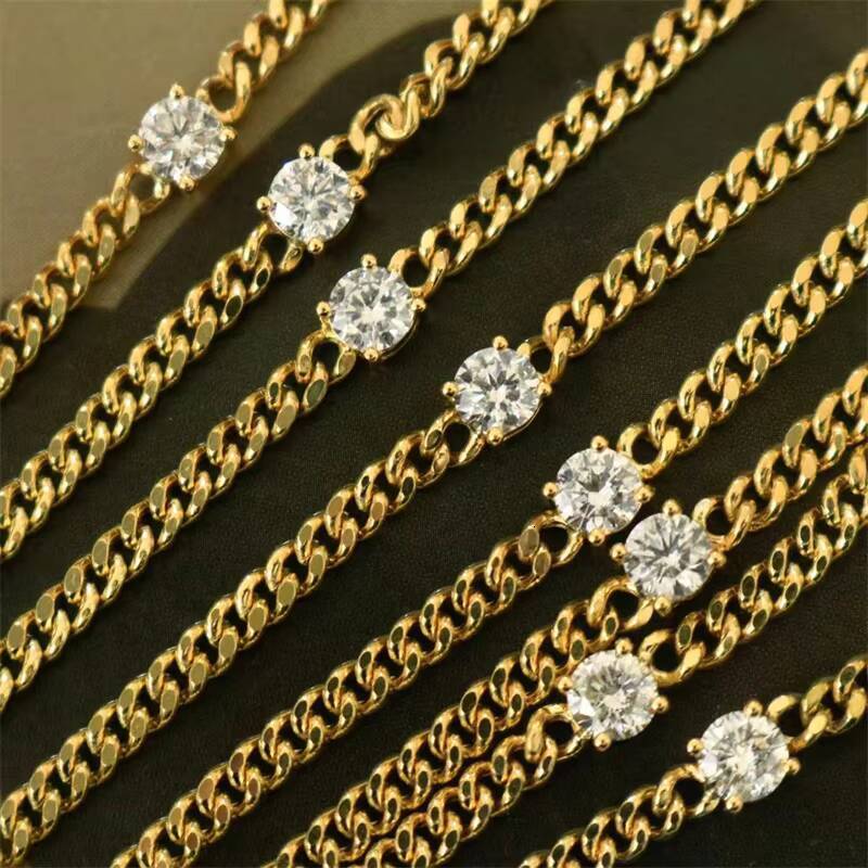 18K Yellow Gold Round Cut Diamond Cuban Link Bracelet Solid Gold 3MM Cuban Link Bracelet for Men and Women