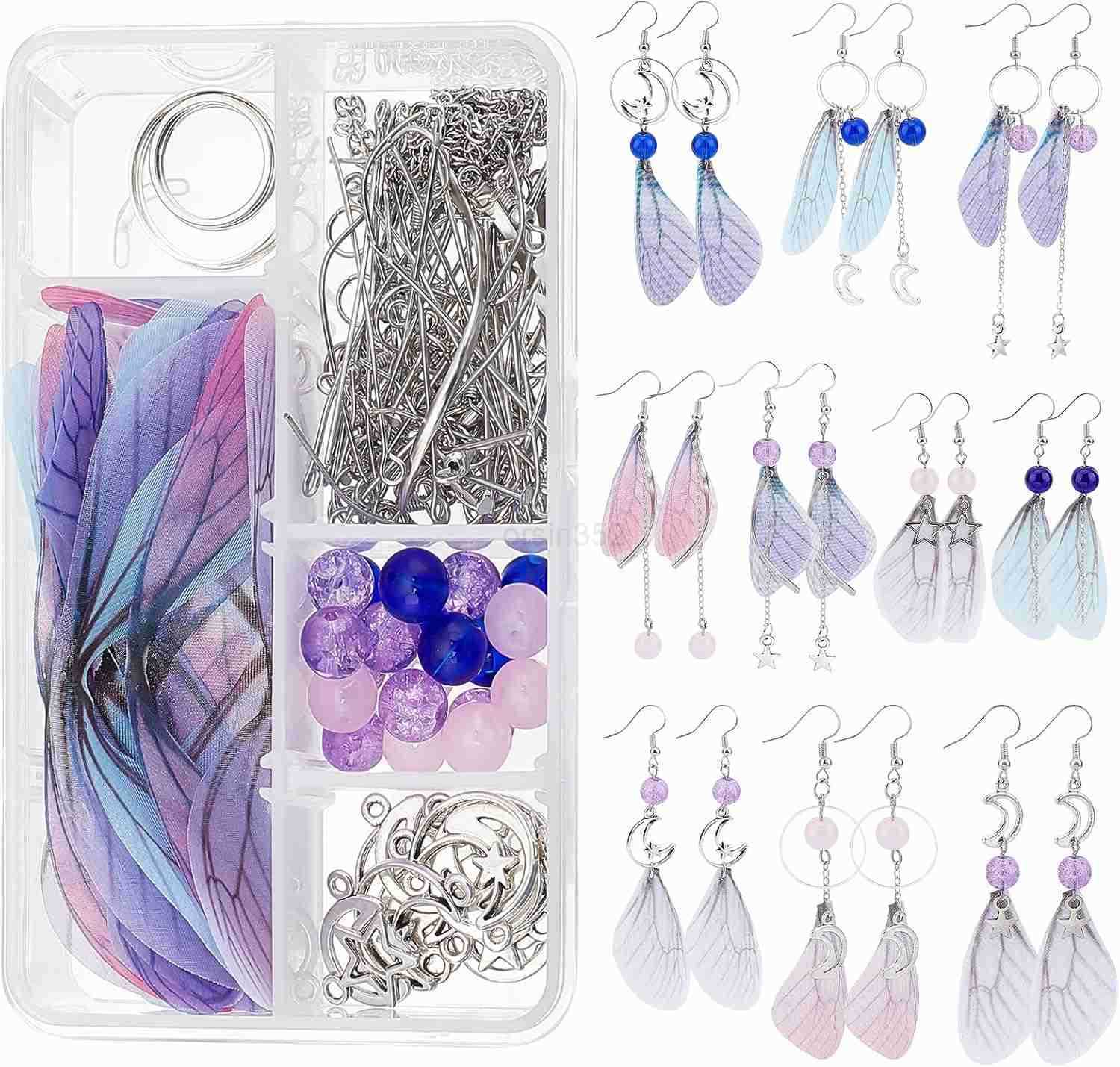 1 Box DIY 10 Pairs Butterfly Dragonfly Wing Earring Making Kits Moon Star Charms Fabric Wings Decoration Glass Beads with Jump Rings for Handmade Earr