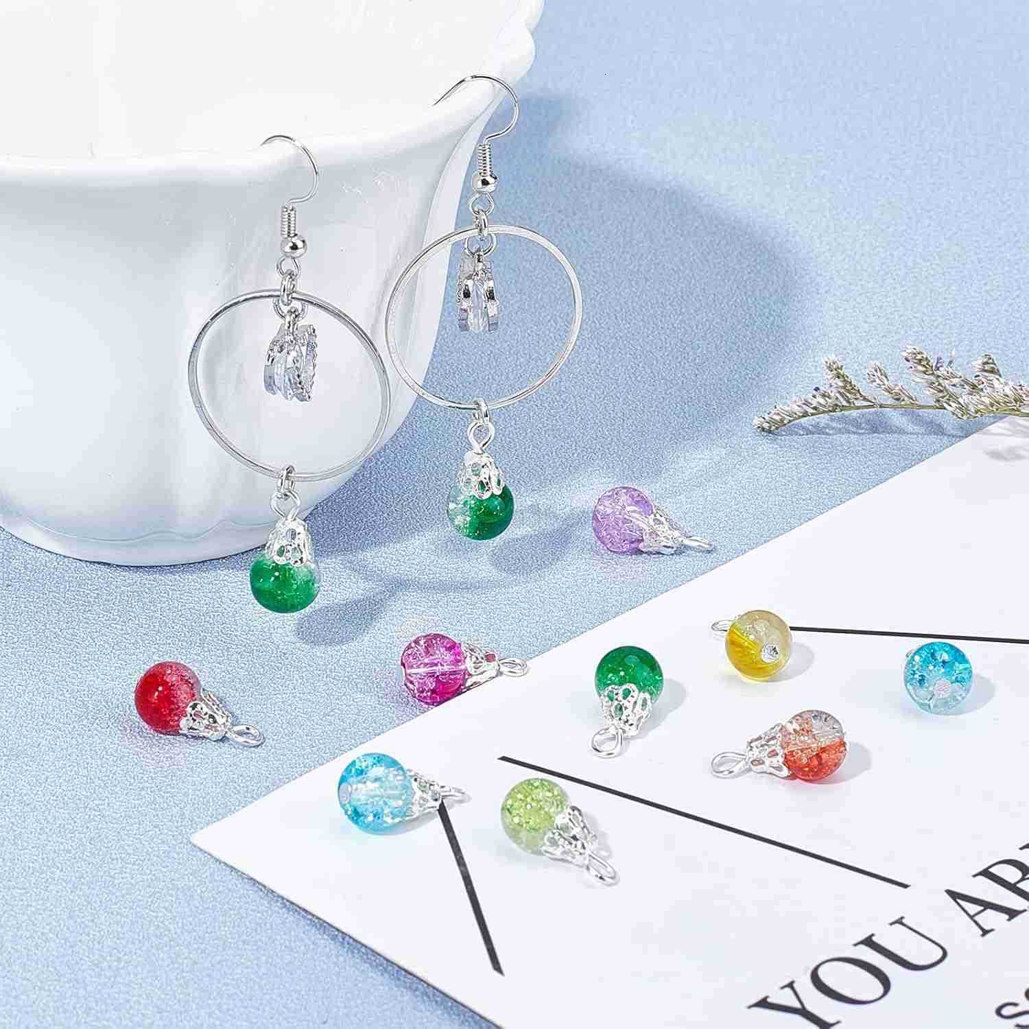 100pcs Crystal Dangle Charms Crackle Glass Drop Beads Charms 10 Color Dangle Bead with Silver Bead Cap Drops Beads Charms Pendants for Jewelry Making 