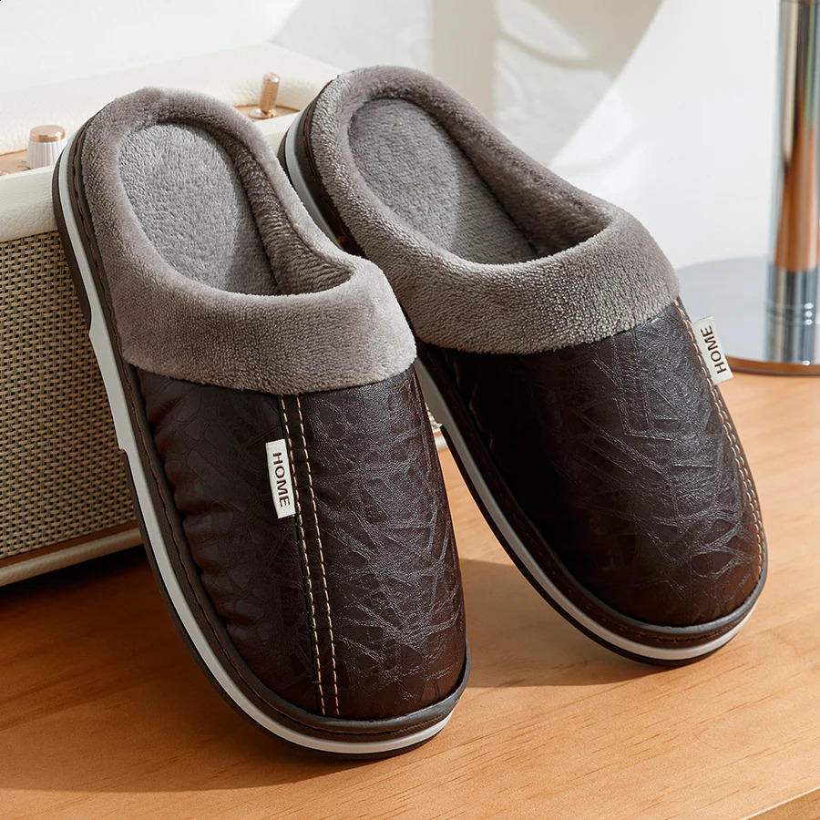 Mens Big Size Winter slippers Indoor PU Leather Home Waterproof Fluffy Casual Slides Men Bedroom Comfy Shoes Houseshoes250906