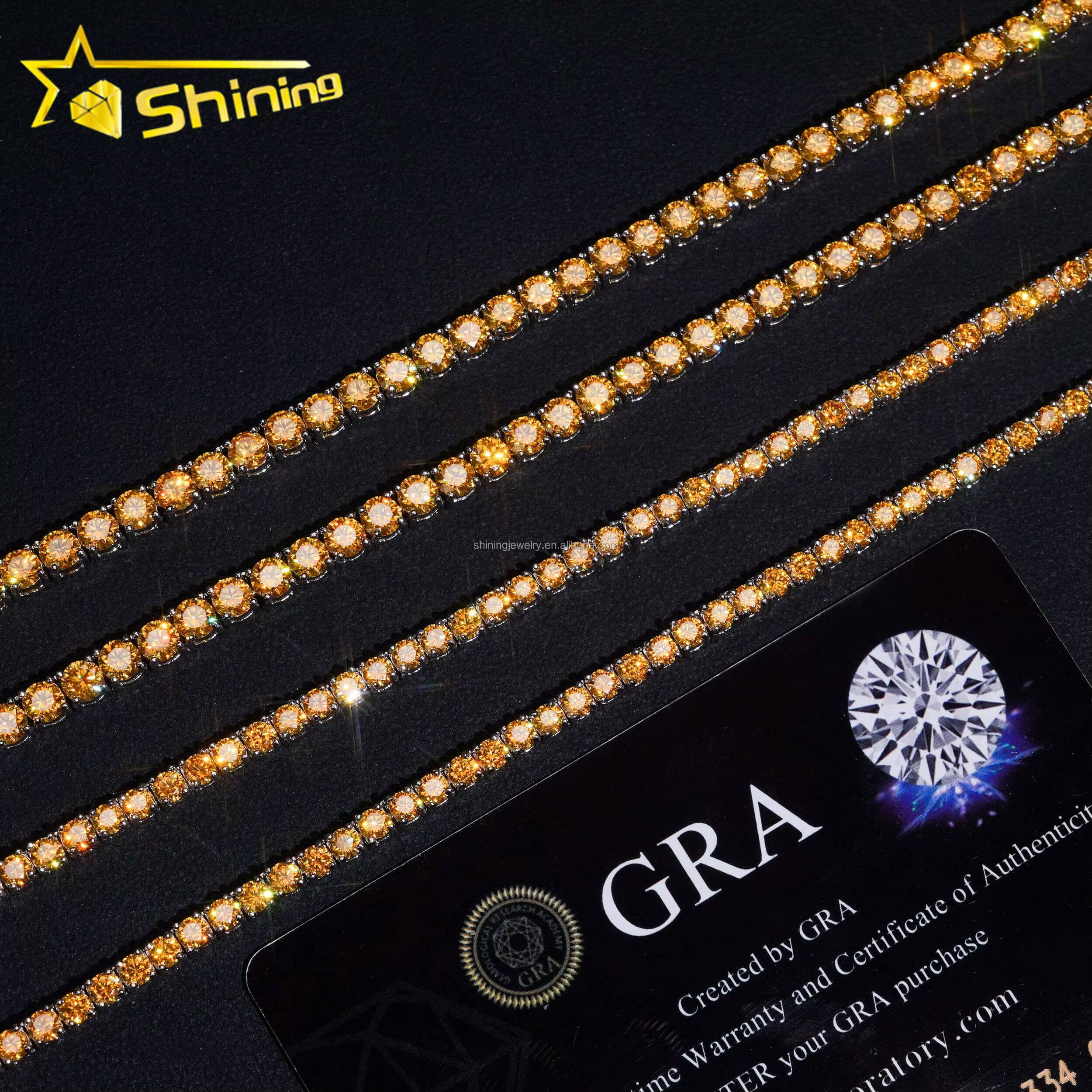 Hip Hop Jewelry New Style 925 Silver 3mm 4mm Yellow Gold Color Tennis Moissanite Chain High Quality Custom Necklace for Men