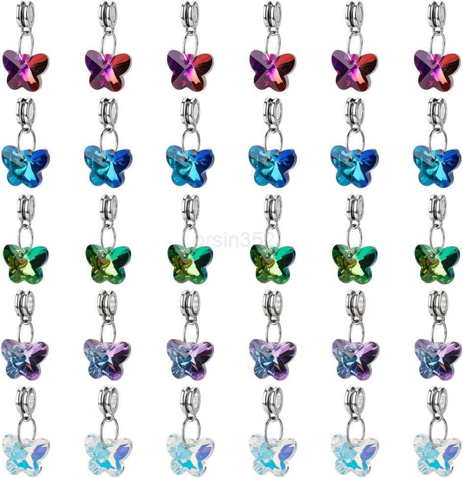 30pcs Butterfly Glass Charms Pendants 5 Colors Faceted Butterfly Crystal Dangle Charms with Bail Hanger Large Hole Transparent Beads for Necklace Earr