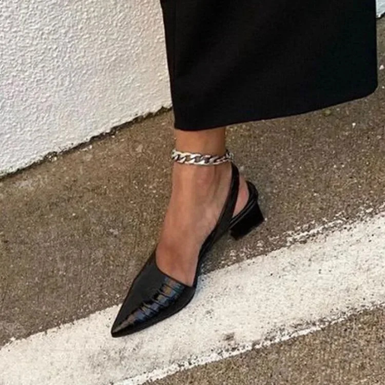 Womens Pointed Toes Pumps Mid Chunky Heels Slingback Sandals Shoes Summer Vintage Woman Lady Female Slippers 260313