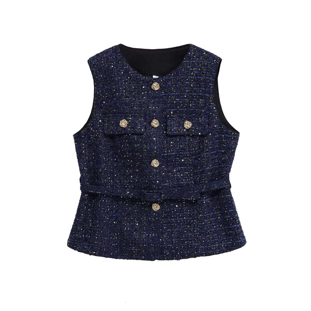 DHEssentials Ins Women's Fashion 20205 New Round Neck Waist-Cinching Little Chanel Style Multi-Color Belt Decorated Vest