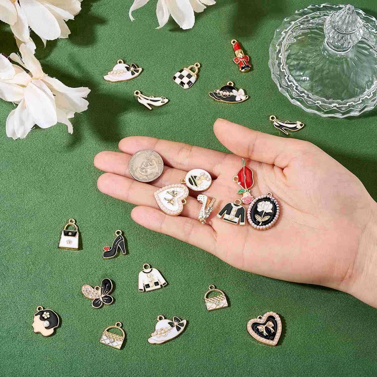 40Pcs Enamel Fashion Women Makeup Charms Lipstick Hat Bag High Heels Alloy Pendants for DIY Earring Necklace Jewelry MakingW250911