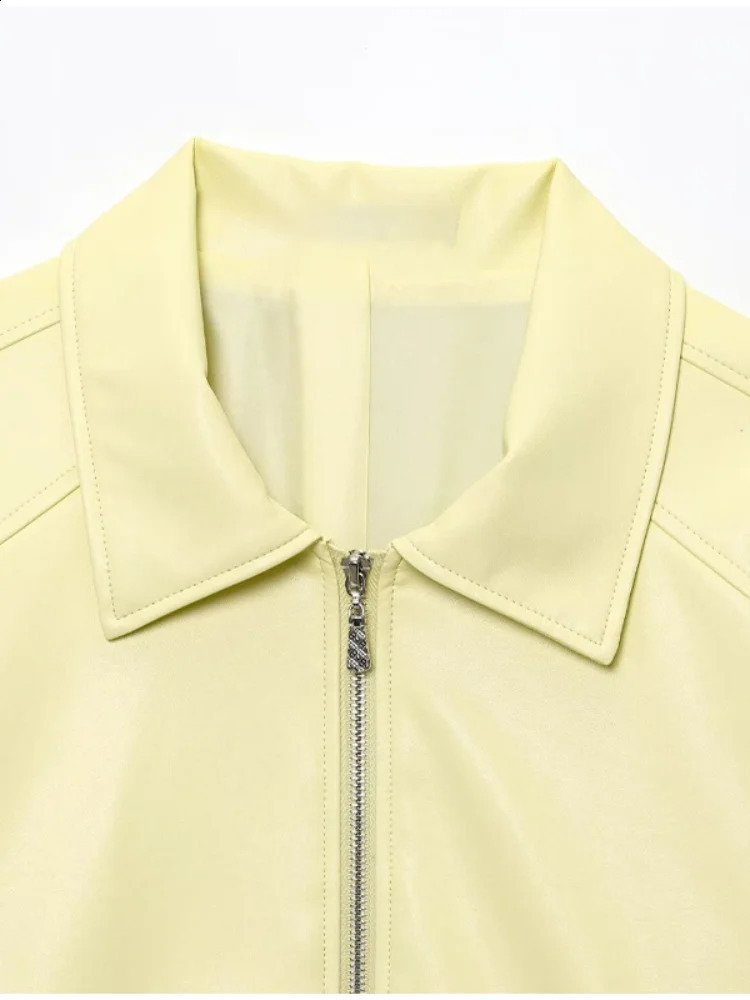 Chic Solid Womens Pu Leather Jacket Casual Long Sleeve Lapel Zipper Patchwork Coat Lady Autumn Street Fashion Outerwear 250911