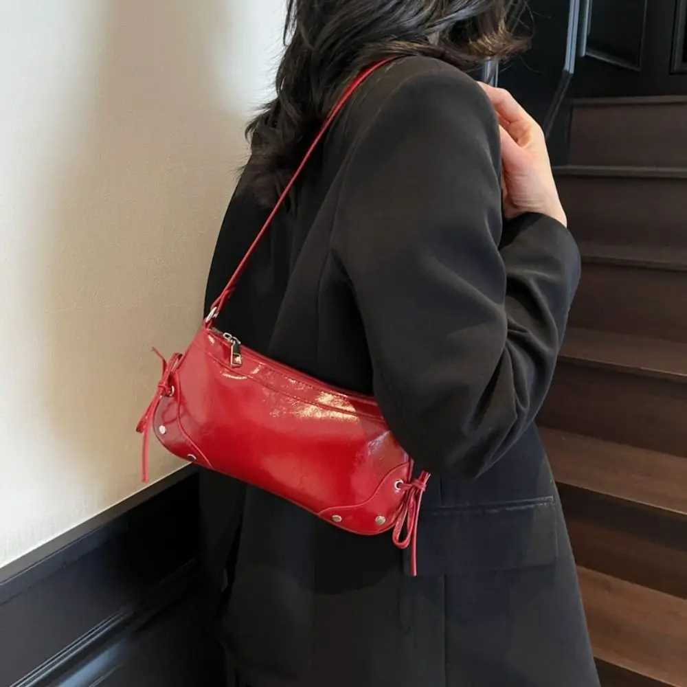 Korean Solid Color Shoulder Bag Designer Bow Tie Armpit Bag Y2K PU Leather Women Handbag Ladies W250911