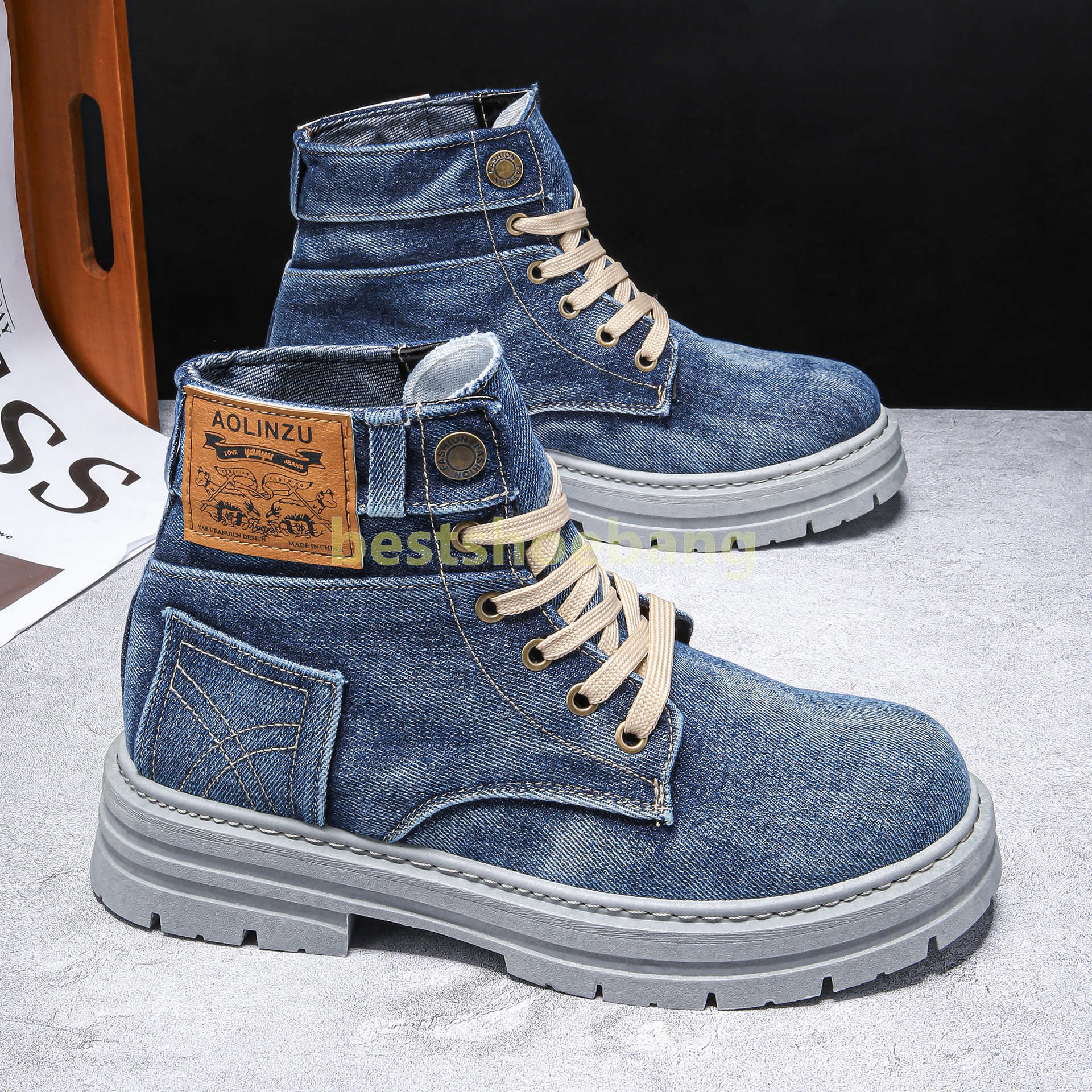 Casual High-top designer boots Mens martin boots Breathable Cloth Spring and Fall ankle boot Trendy Non-slip platform Retro Denim mens shoes Size 39-4