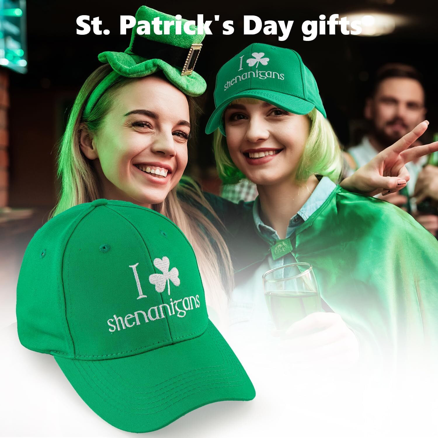 St Patricks Day Hat, Green Trucker Hat for Men Women, Adjustable Cotton Shamrock Cap