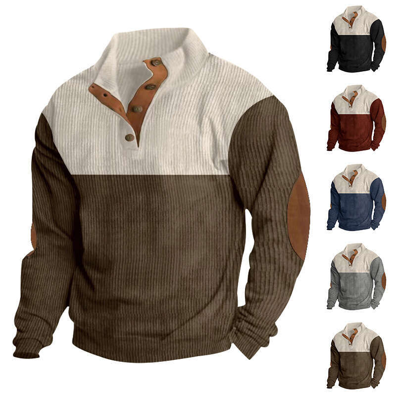 Spring and Autumn Cross-Border European Size Men's Outdoor Casual Button Stand Collar Loose Corduroy Color Block Sports Sweatshirt Trend