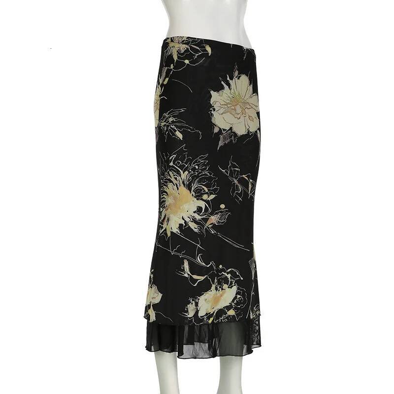 Goth Dark Y2K Aestheics Double Layer Mesh A-line Skirt Women Fashion Florals Print Slim Skirts Fairy Streetwear Gothic Bottoms dongdumaoyi