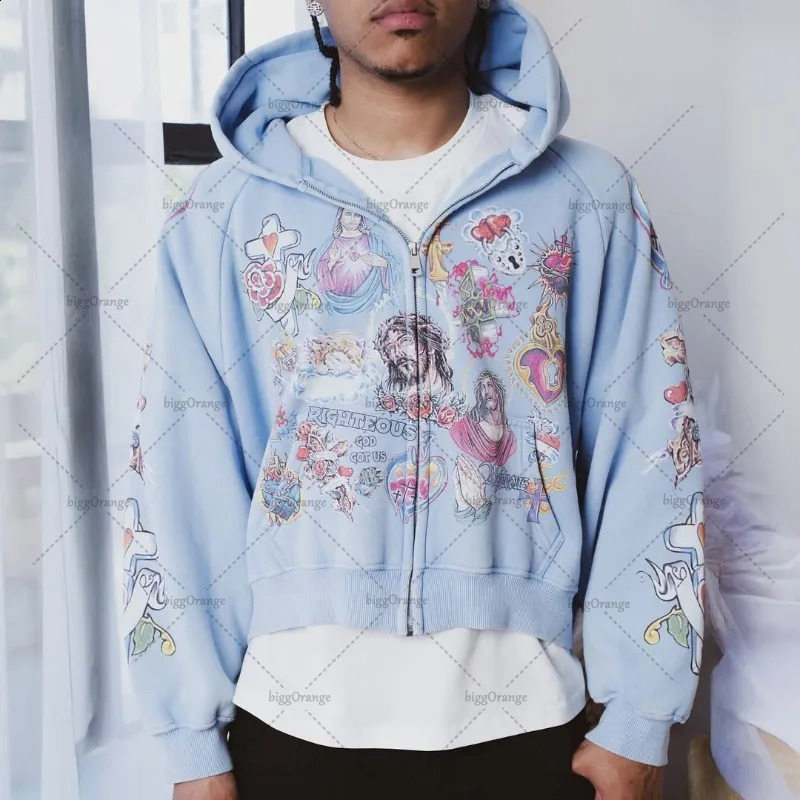 High Street Trendy Streetwear Mens Set TwoPiece Goth Harajuku Y2K Graphic Zipper Hoodie Retro Colorful Casual Sweatpants Women 250911