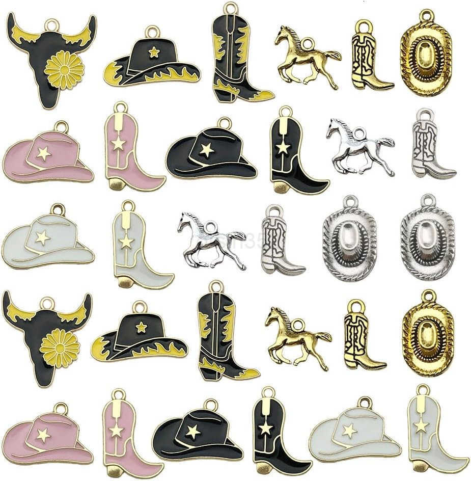 30pcs Western Cowboy Charms for Jewelry Making Alloy Boot Gun Cowboy Boot Hat Horse Cactus Charms Pendants for Necklace Earrings Keychain Fathers Day 
