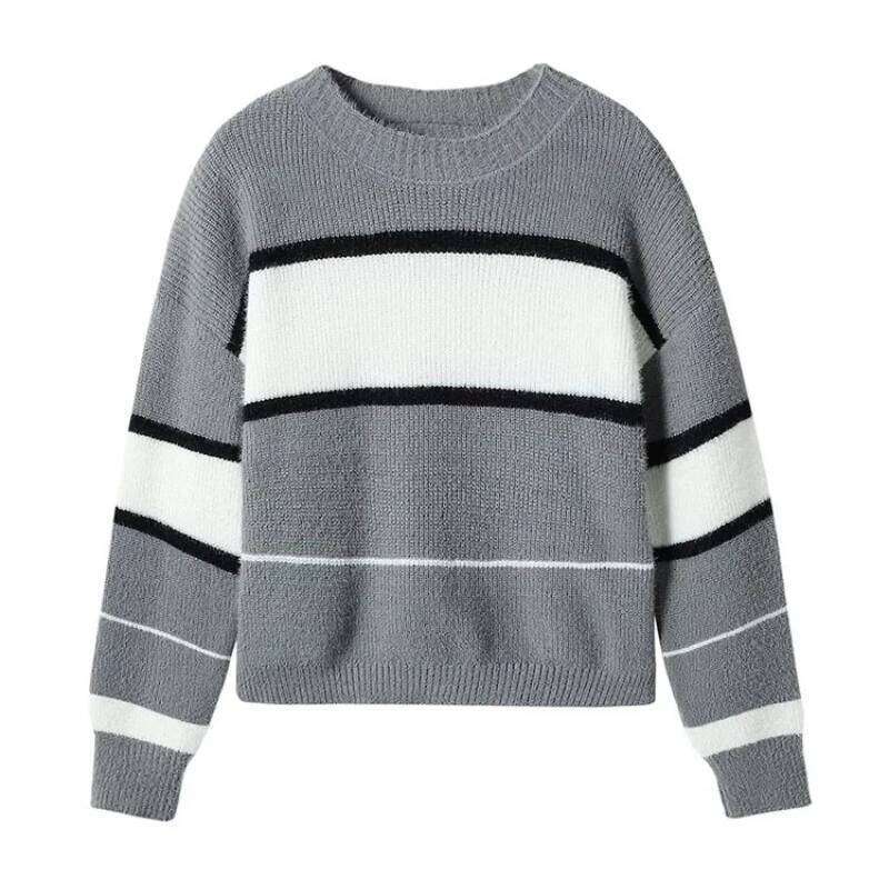 Fashion Casual O-Neck Long Sleeve Knitted Pullovers Hit Color Striped Patchwork Short Slim Sweaters Tops Women's Clothing