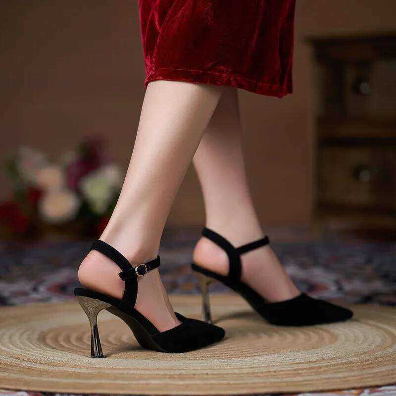 30-44 2025 New High Heels Thin Large Size Buckle Black Heel Sandals Women Shoes