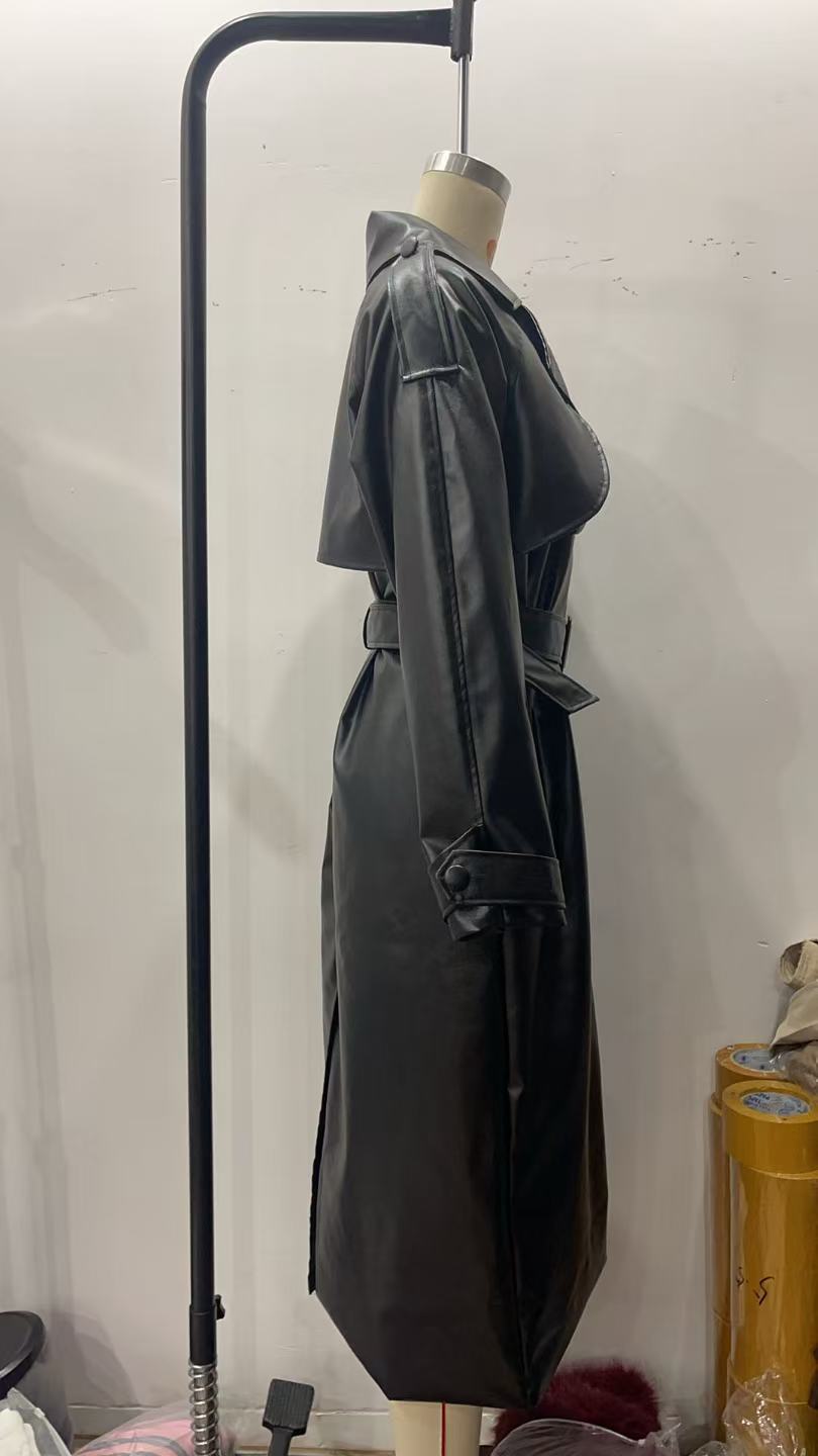 Women's Trench Coats High Street Leather Trenchcoat Women 2025 Early Spring Fashion Lapel Full Sleeves Double Breasted With Belt Female PU