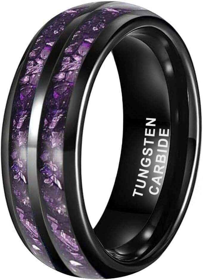8mm Sier/Black/Gunmetal Purple Tungsten Rings for Men Women Amethyst Inlay Fashion Engagement Promise Wedding Band Polished Comfort Fit