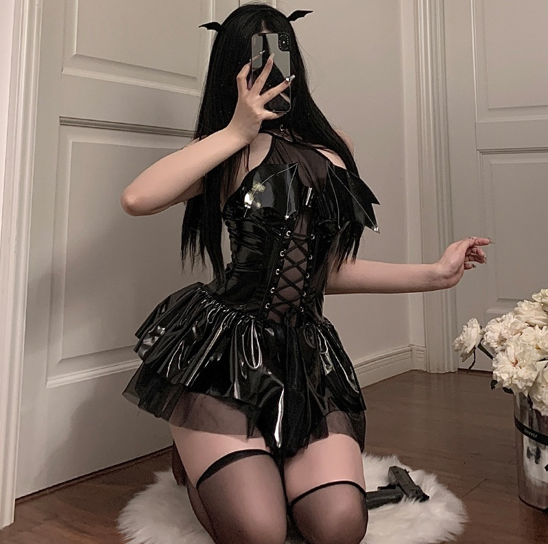 Stage Wear Tight Patent Leather Devil Temptation PU Set - Sexy Cosplay Easy-Access Women's Costume