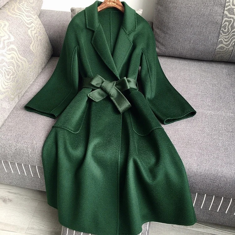 Casual Big Size Thick Water Ripple Handmade Doublesided Wool Women Coat Lapel Long Seelve Loose Belt Jacket Autumn Winter 250911