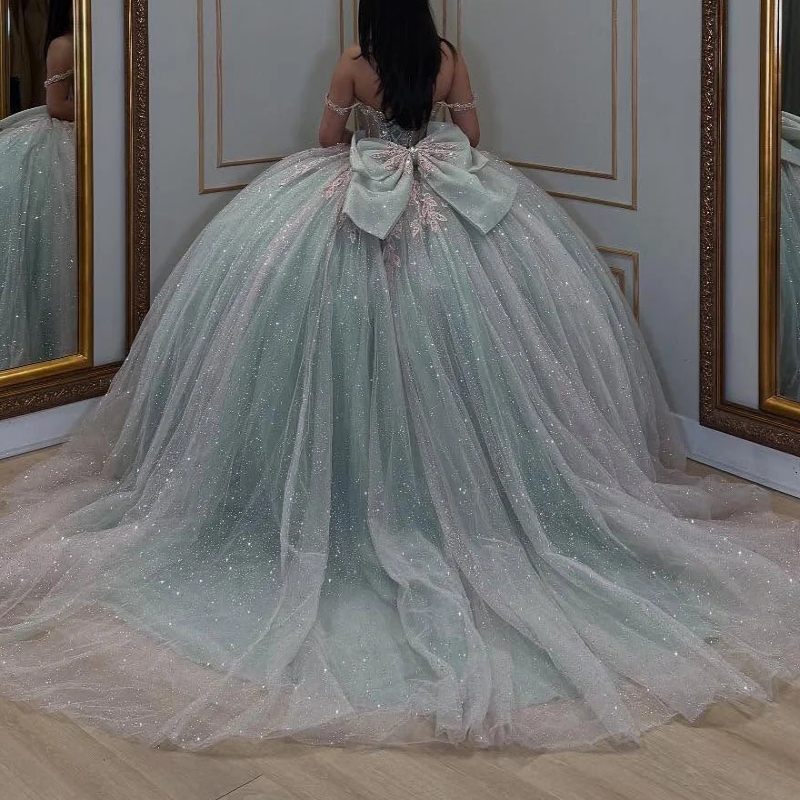 Light Blue Shiny Off The Shoulder Quinceanera Dresses Ball Gown Applique Lace Beads Bow Party Birthday Sweet 16 Dress Vestidos De 15 Anos