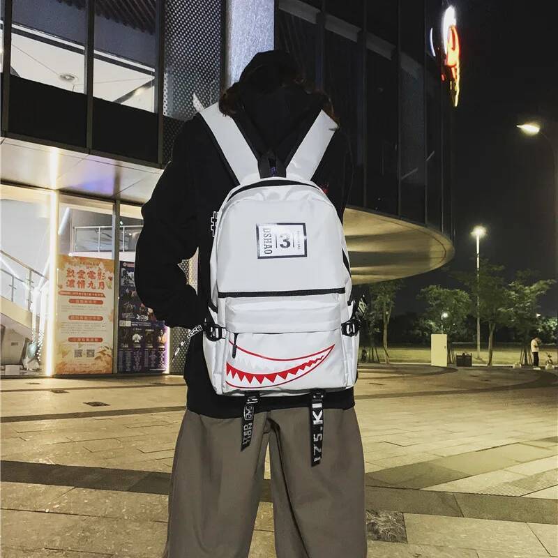 New school designer shark mouth large capacity Men's letter print teenage youth backpacks high-quality