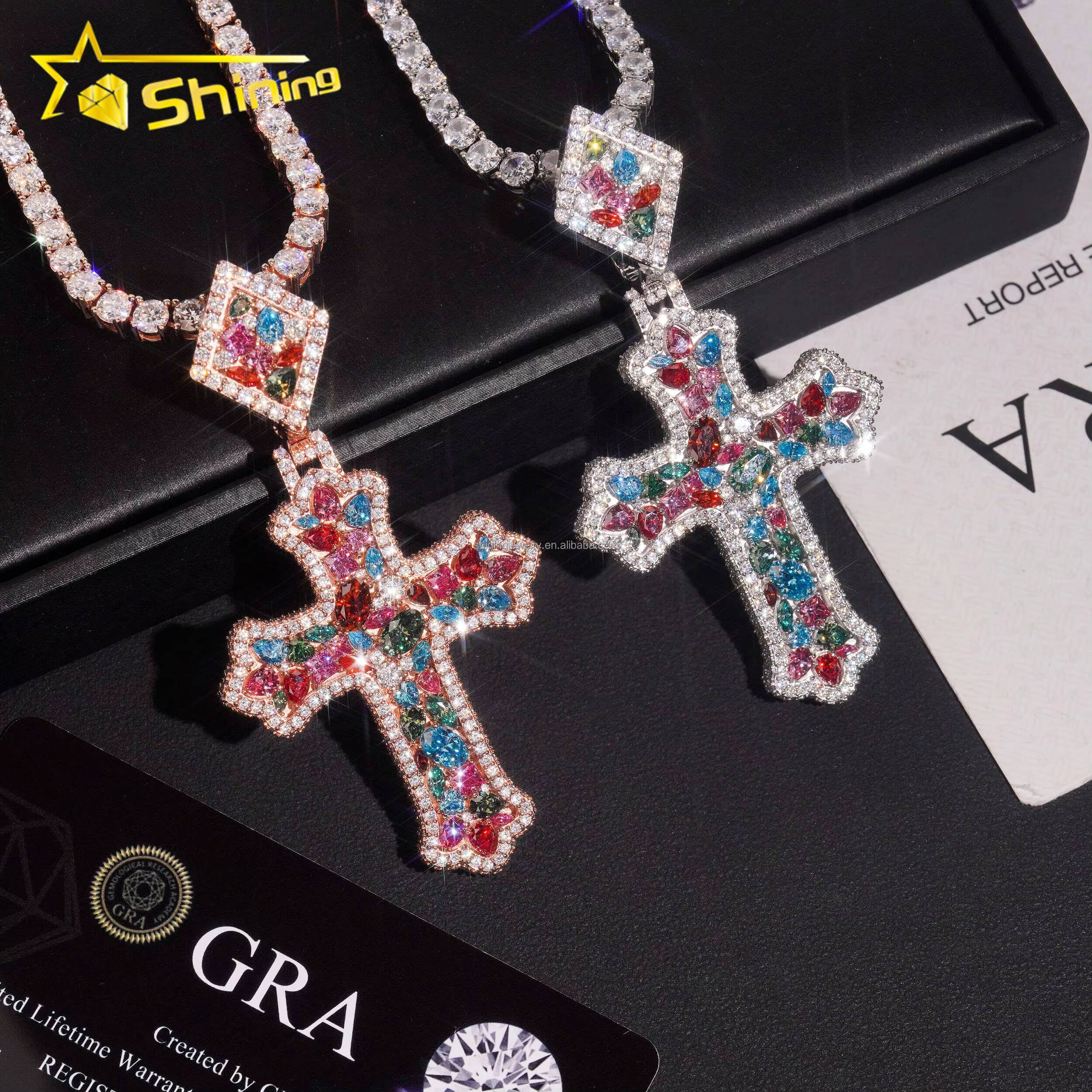 Pass Diamond Tester 100 Hip Hop Stylish Rapper Jewelry Colorful Pear Moissanite Diamond S925 Silver Iced Out Man Cross Pendant
