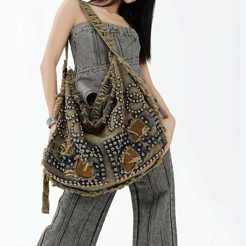 2025 Denim American Fashion Rivet Design Crossbody Bag