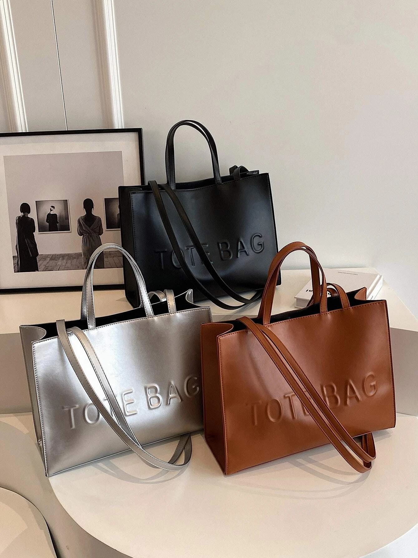 Large Capacity Fashionable Tote Bag With Letter Print Fashion Solid Color Simple Crossbody Bag Women Casual Handbag Shoulder Bag 250910