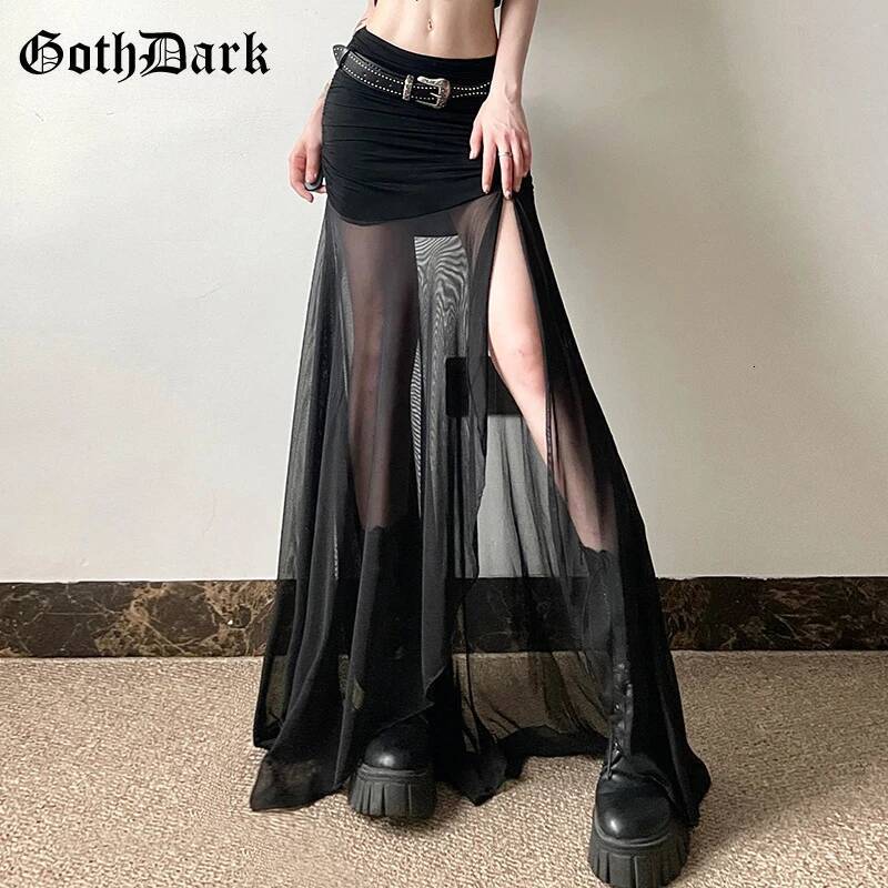 Dark Mall Goth High Waist Mesh Patchwrok Mid Skirts Sexy Hem Split Ruched Bodycon Skirt E-girl Y2K Streetwear Alt Bottoms dongdumaoyi