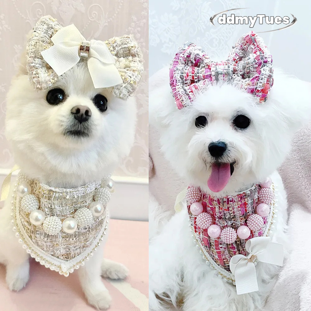 Bandanas and Hair Bow, Princess Dog Wedding Bandana, Soft Durable Fabric Bibs Kerchief Scarfs, Adjustable Fit. Designs for Small Medium Dogs Cats Red 