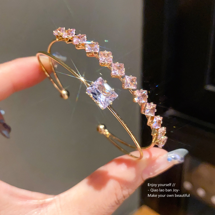 Gold - Toned Bangle With Pink & Clear Square Crystals, Statement Central Stone Design Delicate Daily & Glamorous Jewelry Gift For Her High - Quality A
