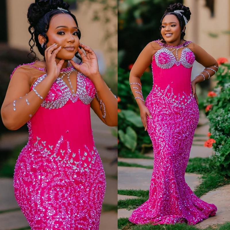 2025 Mermaid Plus Size Fuchsia Prom Dresses For Black Women Evening Dresses Formal Gowns Long Sleeves Beaded Lace Birthday Dress Second Reception Gown