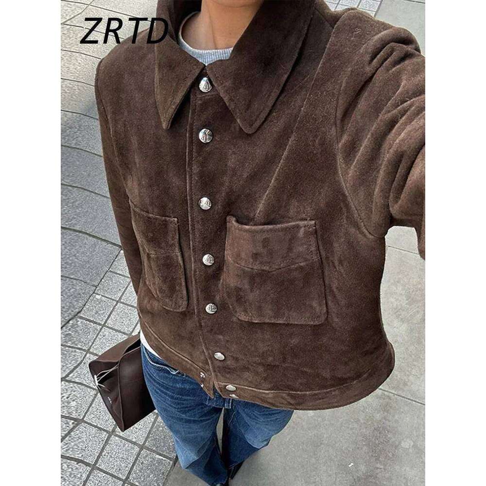 Street Women's Short Brown Suede Jacket Lapel Single Breasted Full Sleeve Pocket Female Coats 2025 Autumn Lady Commute Outerwear