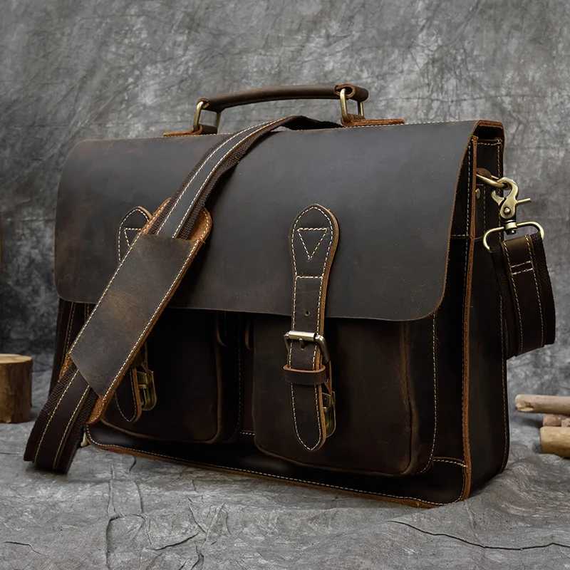 Vintage Men Briefcase Crazy Horse Genuine Leather Man Male Laptop Handbag Large Shoulder Messenger Portfolio Bag Business Case Z250906