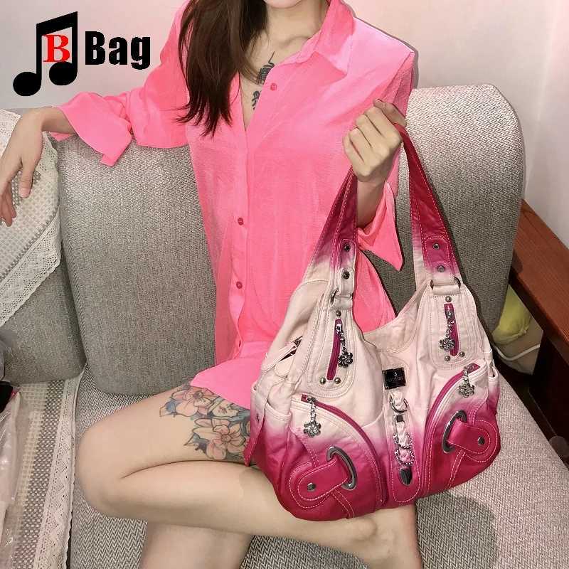 Y2k Vintage Harajuku Lolita Punk Womens Gradient soft Leather Spice Girl Handbag Flower Rivet zipper One Shoulder CrossbodyBag W250911