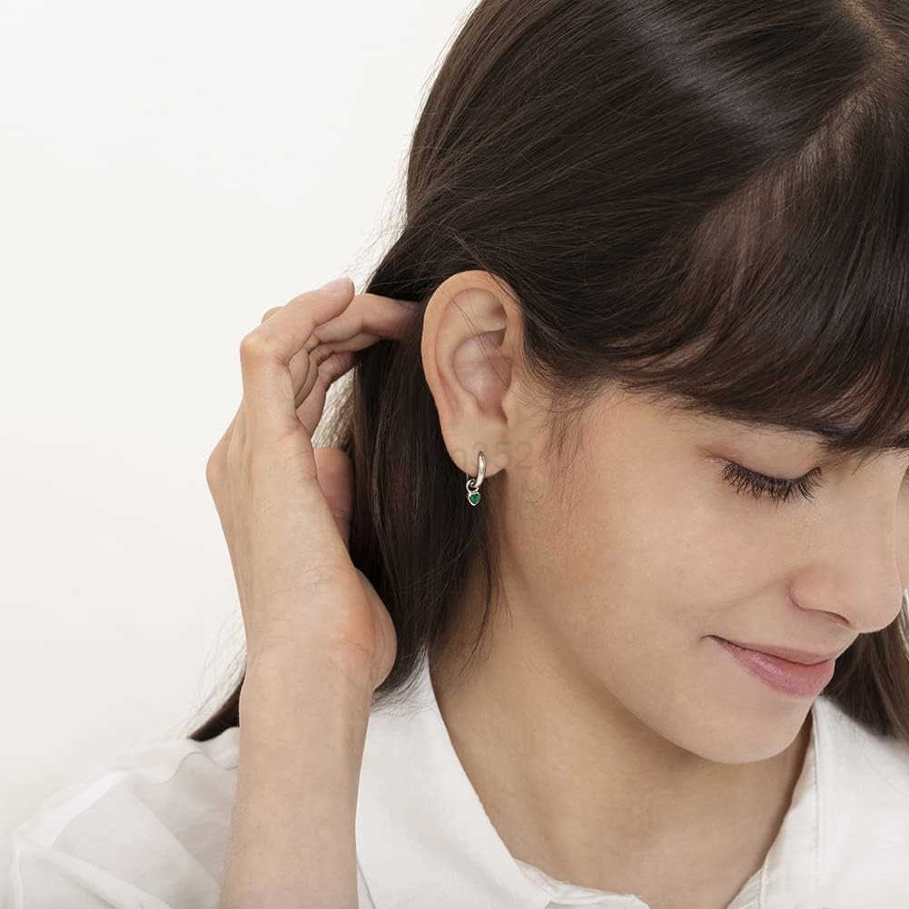 925 Sterling Silver Petite Simulated Birthstone Heart Charm Hoop Earrings For Girls 12mm Cubic Zirconia Earrings For Girls Beautiful Simulated Birthst