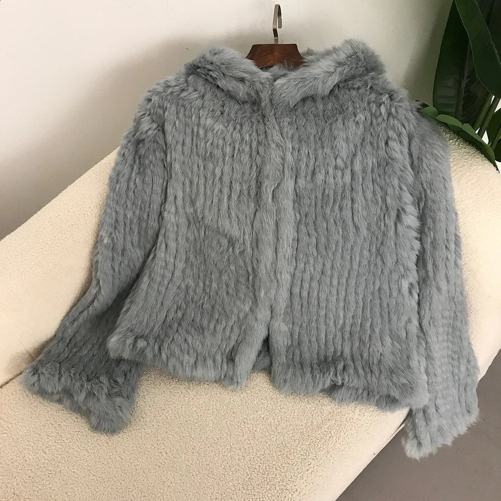 Rabbit fur womens coat Autumn and winter encrypted thickened handwoven doublesided hooded Korean short for women 250911